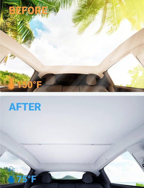 Motrobe Model Y sunshade roof for Tesla Model Y; foldable gray glass sunroof cover with UV and heat insulation.