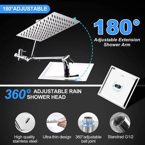 Dual Shower Head Combo: 10-Inch Rain Shower Head With 11-Inch Extension Arm and 360° Adjustable Features