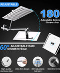180-degree adjustable extension arm with 12 Inch High Pressure Rain Shower Head With 11 Inch Extension Arm And 10 Mode Handheld Shower Kit