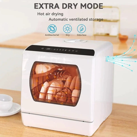 Compact Countertop Dishwasher With Five Beast Mode Wash Cycles And No Brainer Setup For Tiny Apartments Featuring A Built In Water Tank displaying dishes in drying mode.