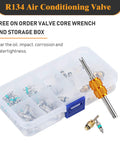 56 Piece R134a R12 AC Valve Core Kit With Quick Remover and storage box, showing valve cores and wrench