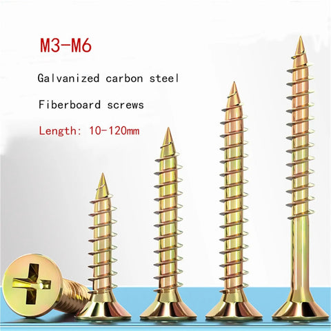 Heavy Duty Cross Flat Head Wood Screws Made From Galvanized Carbon Steel For M3 To M6 displayed in various lengths.