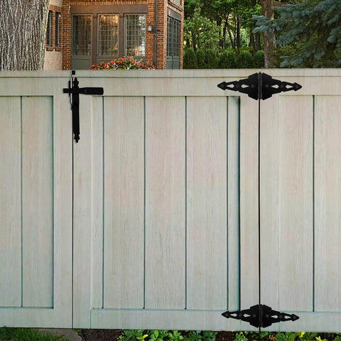 Wood Gate Hardware Set With Heavy Duty 8-Inch Decorative Strap Hinges And Spring Loaded Latch Kit For Outdoor Fence Gates