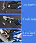 Two Pack Ultra Sharp Flush Cutters cutting copper wire, plastic, and circuit board wire elements; blue ergonomic handles visible.