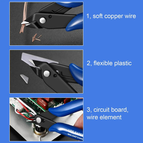 Two Pack Ultra Sharp Flush Cutters cutting copper wire, plastic, and circuit board wire elements; blue ergonomic handles visible.