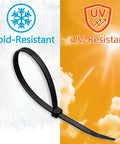 10 Inch Black Cable Ties 100 Pack Heavy Duty 45Lb Tensile Strength UV Resistant Nylon Wire Ties For Home Auto And Outdoor Projects Durable And Versatile 0.14 Inch Wide shown with cold and UV resistance features.