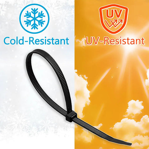 10 Inch Black Cable Ties 100 Pack Heavy Duty 45Lb Tensile Strength UV Resistant Nylon Wire Ties For Home Auto And Outdoor Projects Durable And Versatile 0.14 Inch Wide shown with cold and UV resistance features.