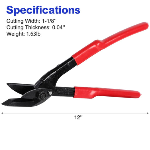 12 Inch Heavy Duty Strapping Cutter For Steel Pet Pp Bands With Chrome Vanadium Blade showing red handles and cutting specifications.