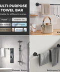 Adjustable Suction Cup Towel Bar For Bathroom Wall From 14.6 To 24 Inches Matte Black Stainless Steel Bath Towel Holder shown in kitchen and bath settings.
