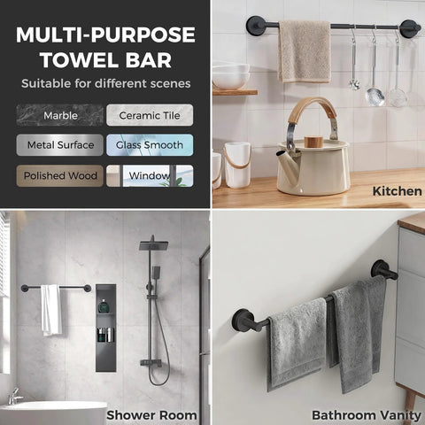 Adjustable Suction Cup Towel Bar For Bathroom Wall From 14.6 To 24 Inches Matte Black Stainless Steel Bath Towel Holder shown in kitchen and bath settings.