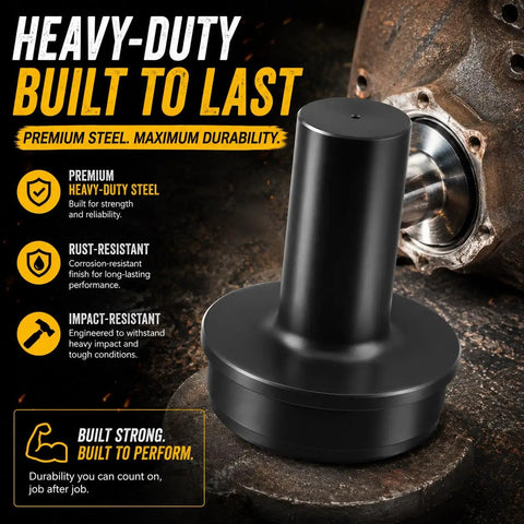 Front Axle Shaft Oil Seal Installer Tool For Ford F250 And F350 4X4 Trucks 2005 Plus resting on metal surface, showcasing heavy-duty steel construction.