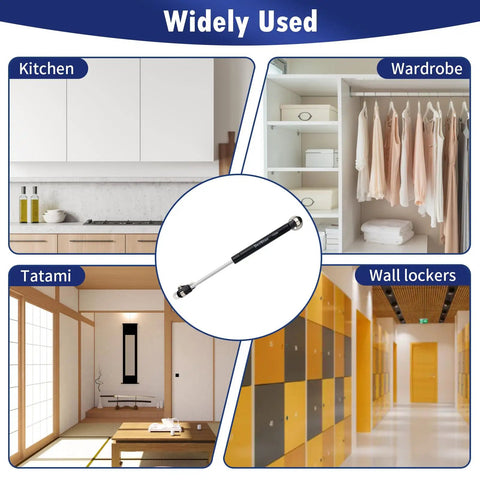 Image showing versatile usage of 4 Pack 10 Inch Cabinet Gas Struts 100N Lift Supports for Cabinets Kit With 8 Brackets And 20 Screws Included Pro Grade Soft Close Lids Opens Up To 100 Degrees Heavy Duty Black Cabinet Shocks in kitchens, wardrobes, tatami rooms, and wall lockers.