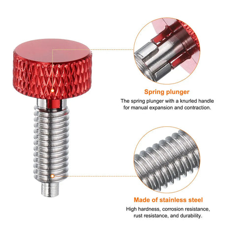 Pro Grade Spring Plunger Set With Knurled Handle M6x1 Quick Slide Pin for Jigs and Vises showing red handle and stainless steel body.