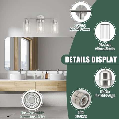 Three Light Brushed Nickel Vanity Light Over Mirror With Glass Shades UL Certified Bathroom Wall Fixture Modern Damp Rated Sconce