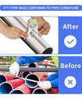 Pipe center finder with 4in Y-type base and adjustable dial bubble protractor installed on a pipe.