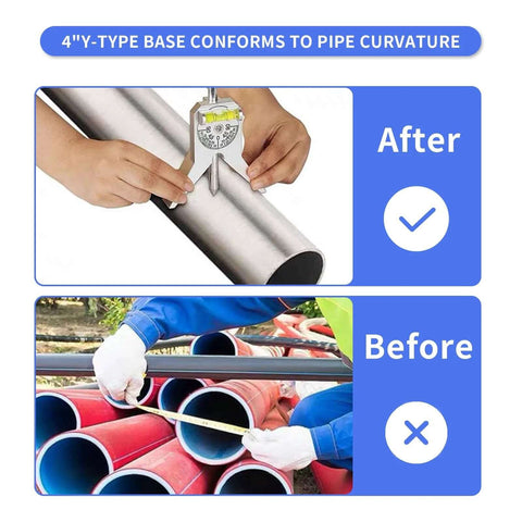 Pipe center finder with 4in Y-type base and adjustable dial bubble protractor installed on a pipe.