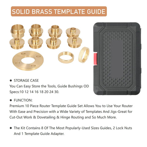 Boss Level 11 Piece Brass Router Bushing Kit Smooth Template Guides With Secure Lock Nut And Compact Storage Case No Sweat Setup For Pro Woodworking Ready To Roll includes 8 brass bushings and storage case.