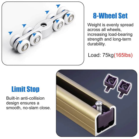 Sliding Glass Barn Door Hardware Kit For Shower Doors With 3 Mm Aluminum Track And Stainless Steel Rollers detail view