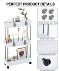 Sleek 3 Tier Slim Rolling Storage Cart With Slide Out Shelves For Tight Squeezes in white with decorative items, steel frame and wheels.