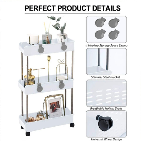 Sleek 3 Tier Slim Rolling Storage Cart With Slide Out Shelves For Tight Squeezes in white with decorative items, steel frame and wheels.