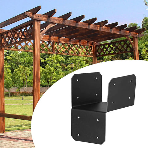 Pergola with black roof joint connector set, 4 steel brackets for gazebo frame support in backyard, heavy duty high strength steel.