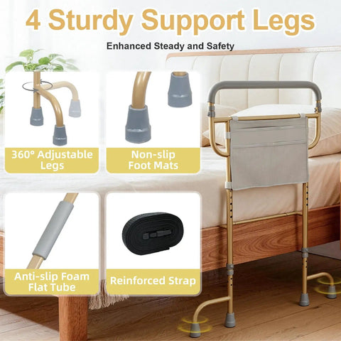 Heavy Duty Bed Rail For Seniors With Non Slip Ergonomic Handle And Handy Storage Pocket showing sturdy support legs.