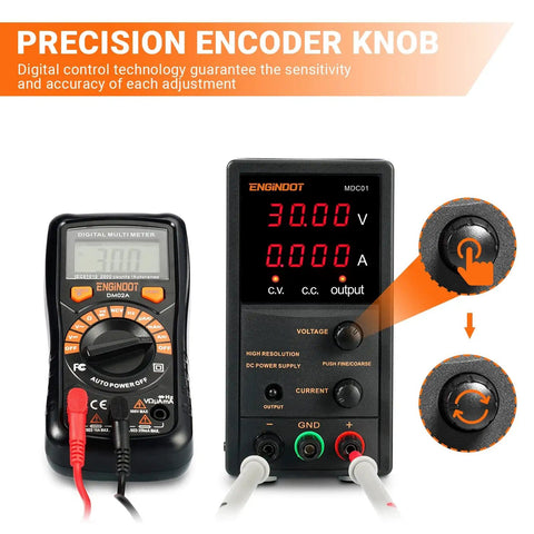 30V 5A Adjustable DC Bench Power Supply With 4 Digit LED Display, Data Hold, Coarse And Fine Adjustment, with precision encoder knob.