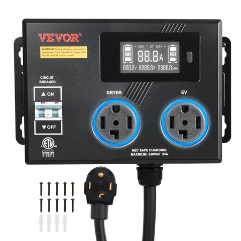 Top Tier EV Charger Splitter Switch Nema 14 30 Straight Up Reliable Dual Outlet Power Hub with crisp display and safety breaker.