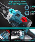 Heavy Duty Cordless Rivet Nut Gun Electric Automatic Puller With Rechargeable 5200mAh Battery For M3 To M12 Fasteners showing dual gear adjustment feature.