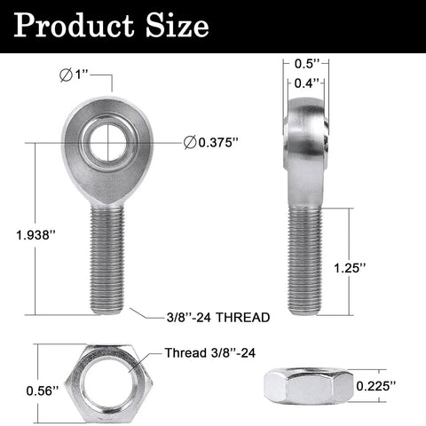 3/8 Inch Heim Joint Rod End Kit With Jam Nut And Bung Chromoly Panhard Kit dimensions showing threads and measurements