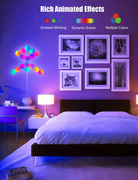 Dope Hexagon LED Lights For Gaming Room Decor 8 Pack With App Control And Remote RGB Modular Panels on bedroom wall.