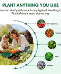 Woman and child gardening with seedling, captions: strawberries, tomatoes, peppers, mint, violets for Five Pack Seed Starter Tray Kit