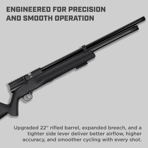 Hard Hitting.25 Caliber PCP Air Rifle With Side Lever Action Delivers 900 FPS, black rifle with 22-inch barrel and smooth operation