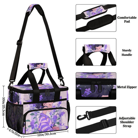 Insulated Picnic Backpack With Floral Design For Women And Men Spacious 12x8.7x10 Inches Lunch Bag with details of features.