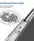 Close-up of 48 Inch Pro Grade Heavy Duty Drawer Slide with ball bearings and lock mechanism, showing side mount and 3-fold extension.