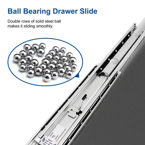 Close-up of 48 Inch Pro Grade Heavy Duty Drawer Slide with ball bearings and lock mechanism, showing side mount and 3-fold extension.