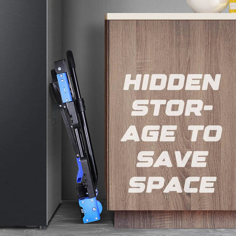 2 In 1 Folding Hand Truck With Four Foldable Wheels And Retractable Handle Heavy Duty Moving Dolly Cart For On The Go Hauling Versatile Vertical Or Flatbed Design Sturdy Lightweight Built For Everyday Hauling 330 Lb Capacity Blue stored compactly between a cabinet and refrigerator, highlighting its space-saving design.