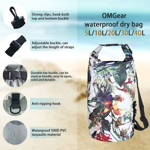 Built Tough Waterproof Dry Bag Backpack 5L To 40L with Floating Phone Pouch, Heavy Duty 500D PVC Tarpaulin, floral design