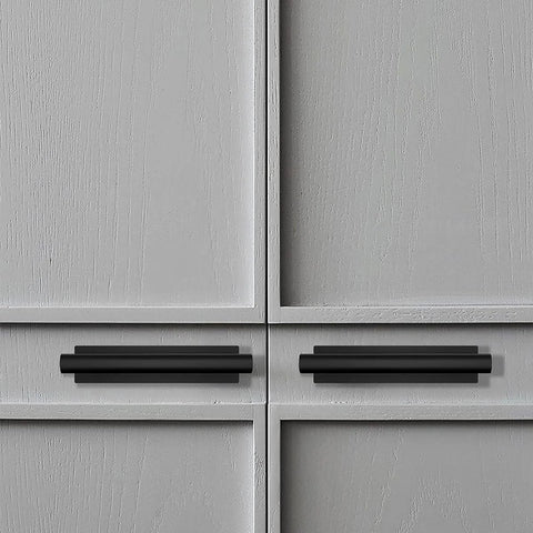 Close-up of 15 Pack Self Stick Push Pull Cabinet Handles Black ABS Plastic Installed on Cabinet Doors