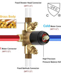 Cross-section diagram of brass valve in Matte Black Shower Faucet Set With 5-Setting Shower Head And Single-Handle Tub Shower Trim Kit