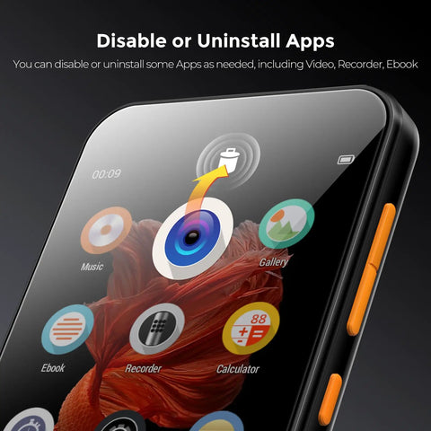 Close-up of 72GB MP3 Player With Bluetooth And 4.0 Inch Full Touchscreen showing uninstall apps feature, black device.