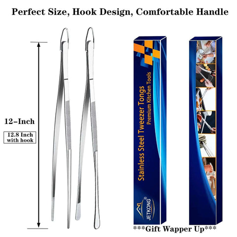 Two Pack 12-Inch Kitchen Tweezers Set, extra long stainless steel fine tweezer tongs for cooking in box, rust resistant and dishwasher safe