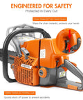 Close-up of 92cc Gas Powered Chainsaw With 36 Inch Bar And Chain For Heavy Duty Wood Cutting And Tree Pruning with safety features.