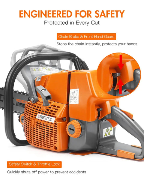 Close-up of 92cc Gas Powered Chainsaw With 36 Inch Bar And Chain For Heavy Duty Wood Cutting And Tree Pruning with safety features.