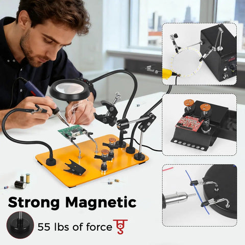 All-In-One Helping Hands Soldering Station with 5X Magnifying Lamp, flexible arms, and stable base used for electronics repair