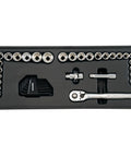 104 Piece Pro Grade Mechanic Tool Set With 20.5 Inch Rollaway Box And 3-Compartment Chest sockets, ratchet, and accessories in tray.