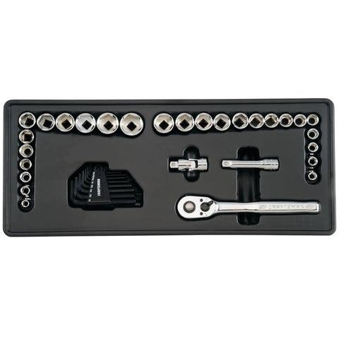 104 Piece Pro Grade Mechanic Tool Set With 20.5 Inch Rollaway Box And 3-Compartment Chest sockets, ratchet, and accessories in tray.