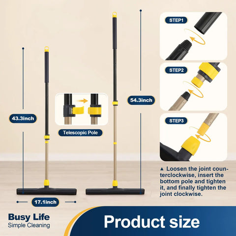 Big Time Heavy Duty Floor Squeegee Scrubber With Adjustable Telescopic Pole And Ergonomic Grip for quick water removal, featuring 17.1 inch head.