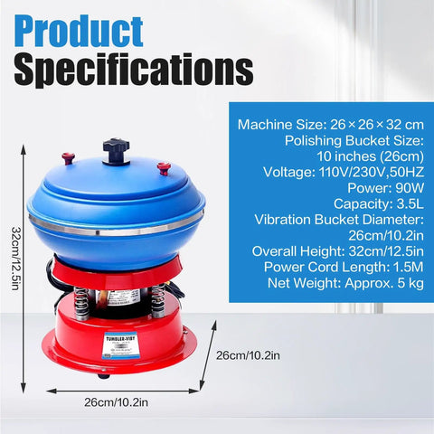 Product specifications of Electric Jewelry Polisher Vibrating Tumbler with rubber barrel, dimensions 26x26x32 cm, 3.5L capacity.