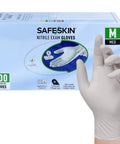 Safeskin nitrile exam gloves box, 200-count, size Medium, white disposable gloves; front view with gloved hand